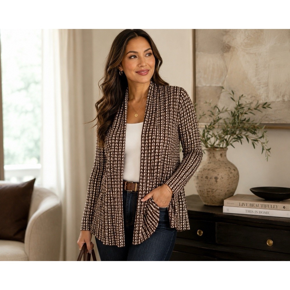 NWT Kim Rogers‎ Women's Open Front Cardigan Brown Cream Geometric Knit Sweater M